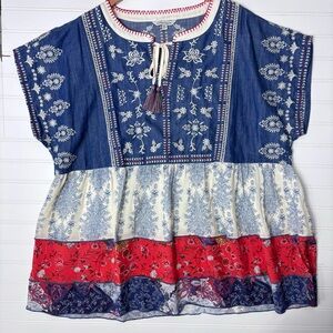 John Mark Embroidered Peasant Top Blue Red Loose Fit Dopamine Cotton XL
